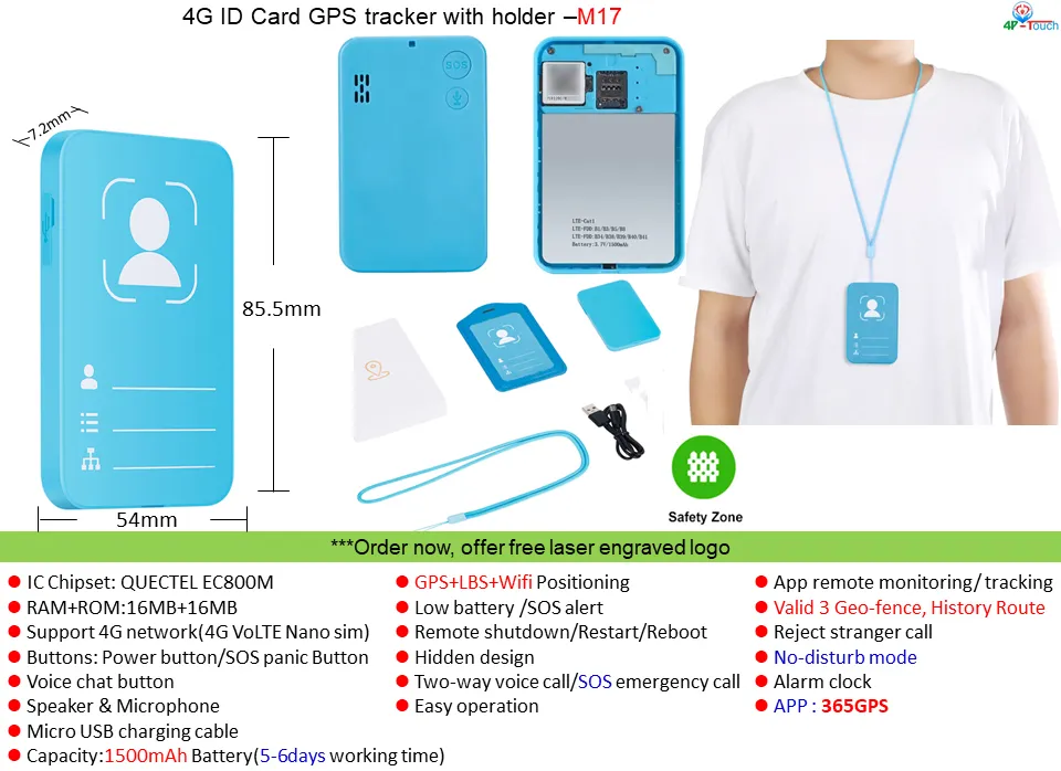 The latest Big Battery 1500mAh 4G ID Card Student Tracking Device GPS with GEO fence Safety zone setup M17