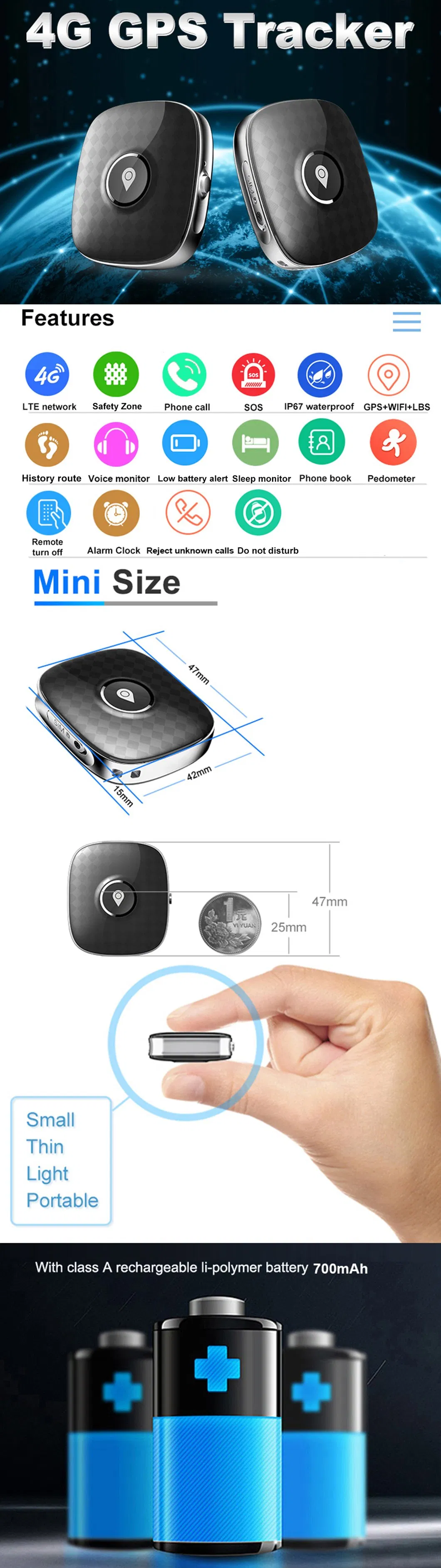 Wholesale LTE IP67 Waterproof Portable Tiny Pets Security GPS Tracker with Real Time Google Map Tracking PM04C