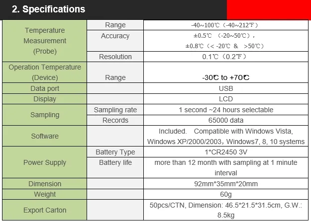 USB Type Temperature Data Logger with Ntc Probe Ld9101t