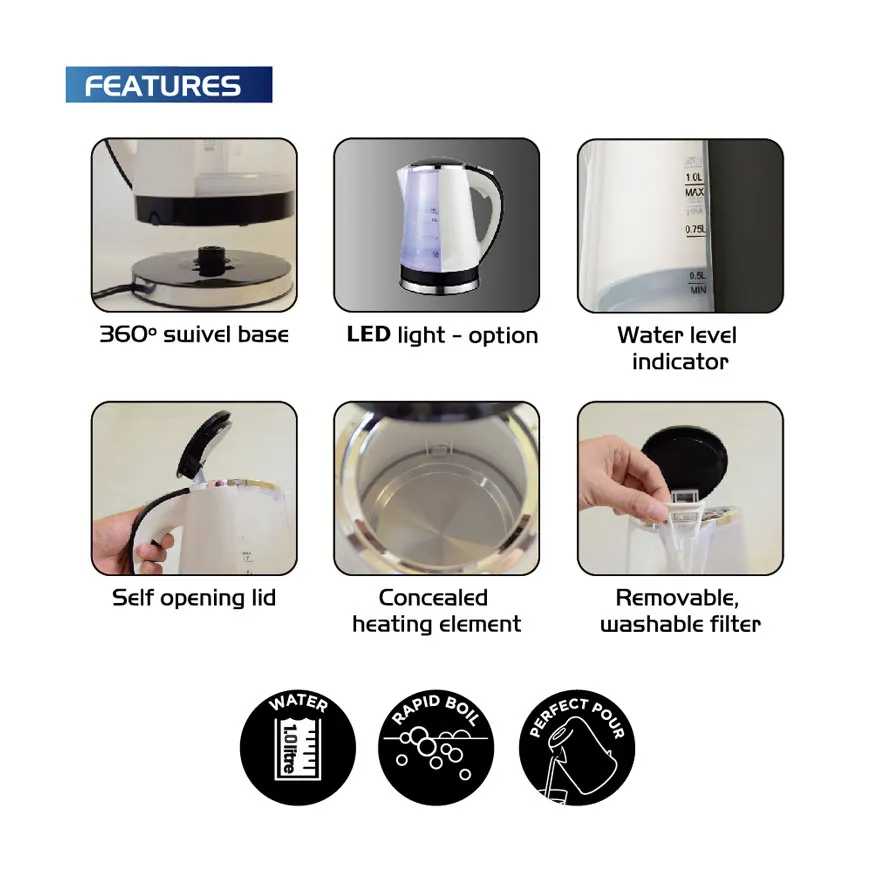 1.0L New Patent Design Cordless Plastic Electric Kettle