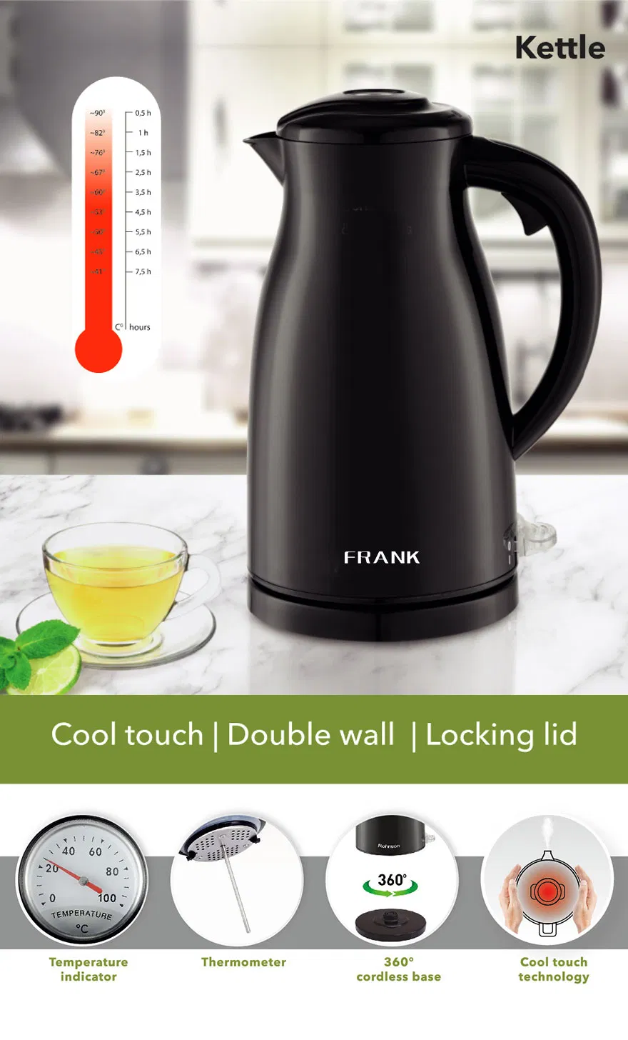 1.5L Double Wall Cool Touch Electric Kettle with Thermometer