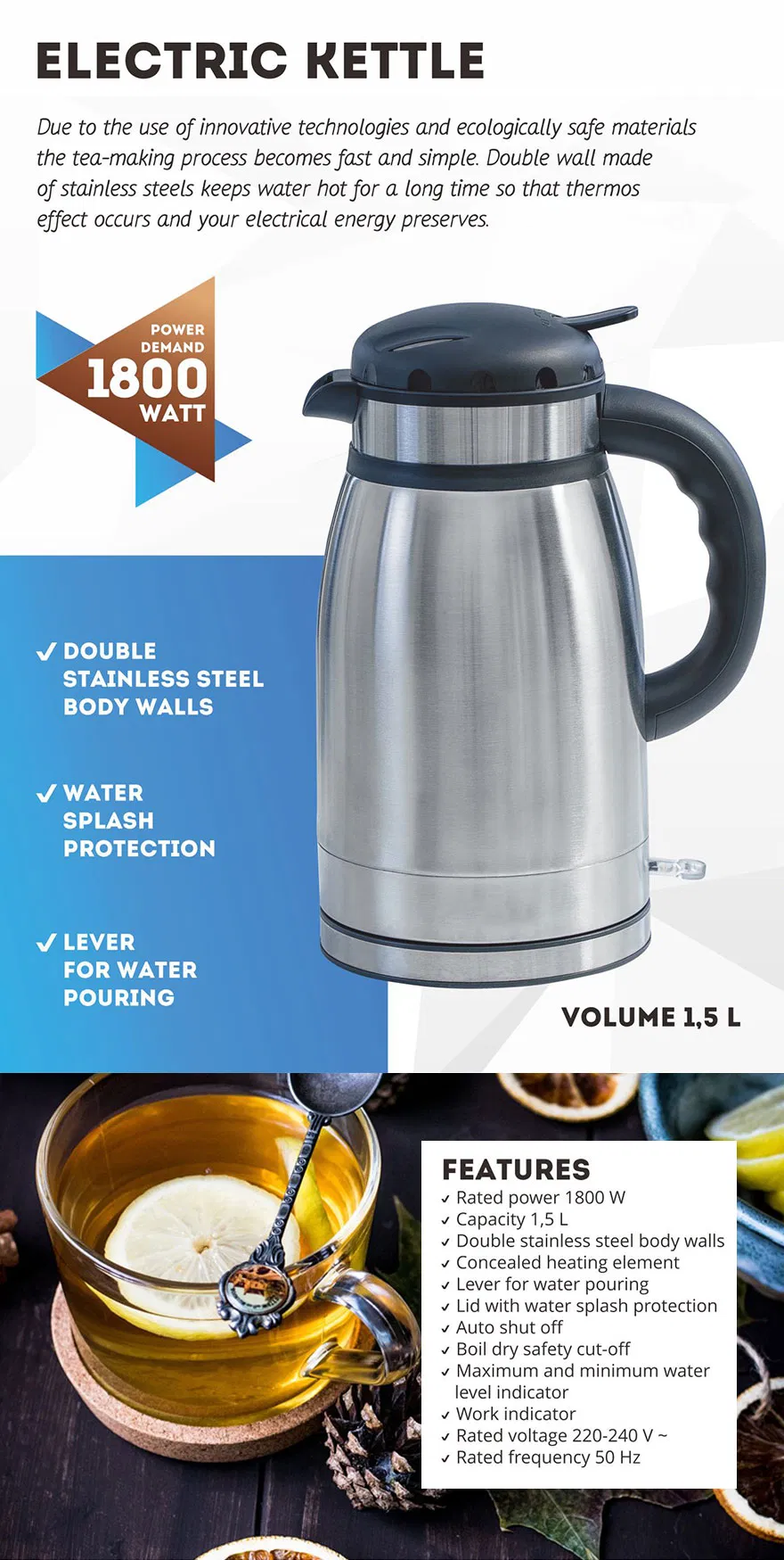 1.5L Double Wall Keep Warm 304stainless Steel Kettle