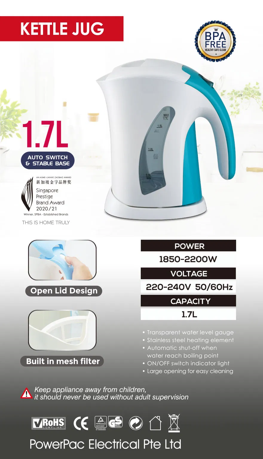 1.7L 220-240V 1850-2200W Immersed Plastic Electric Kettle