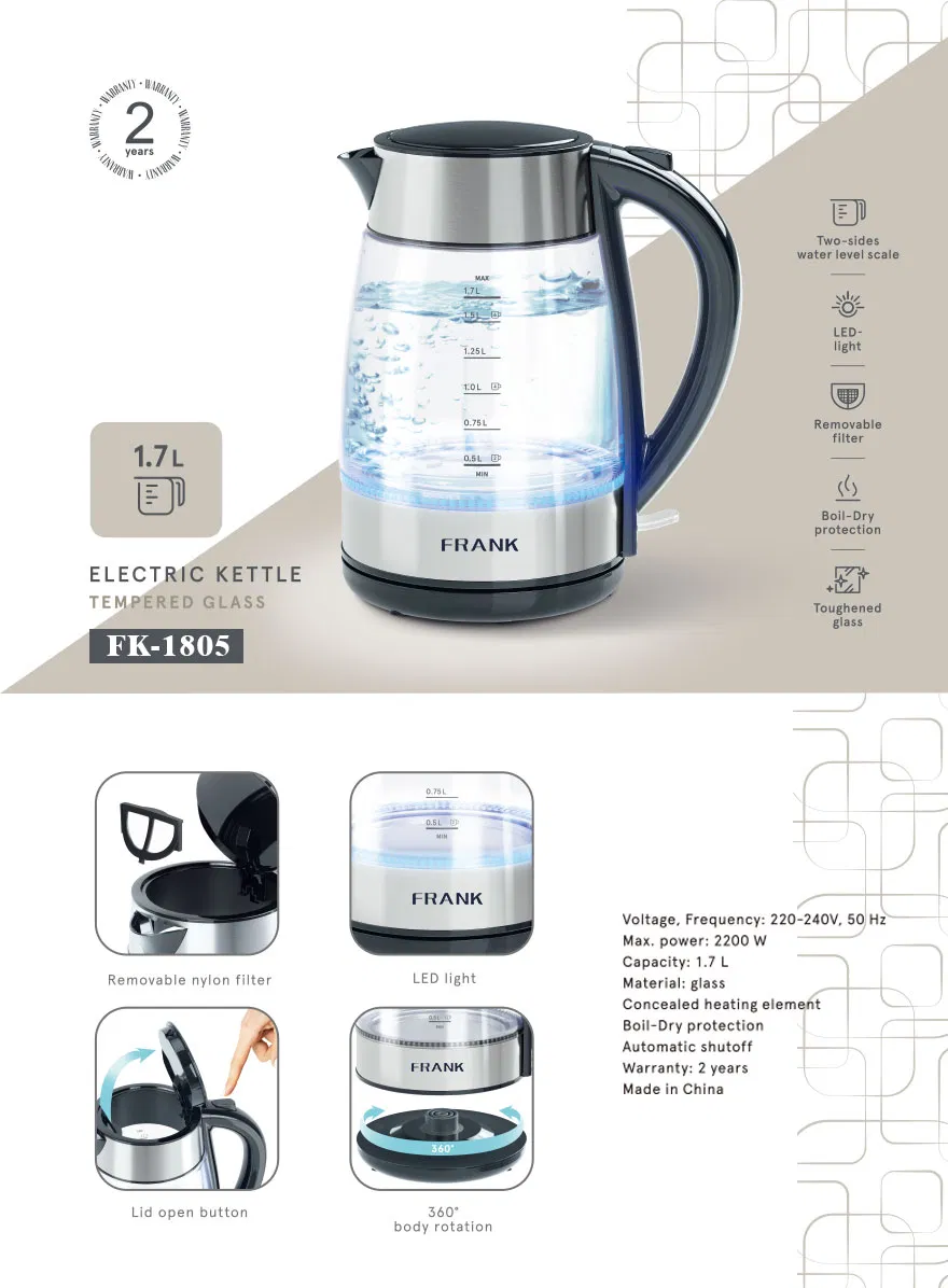 1.7L 2200W Glass Kettle with Color Spray