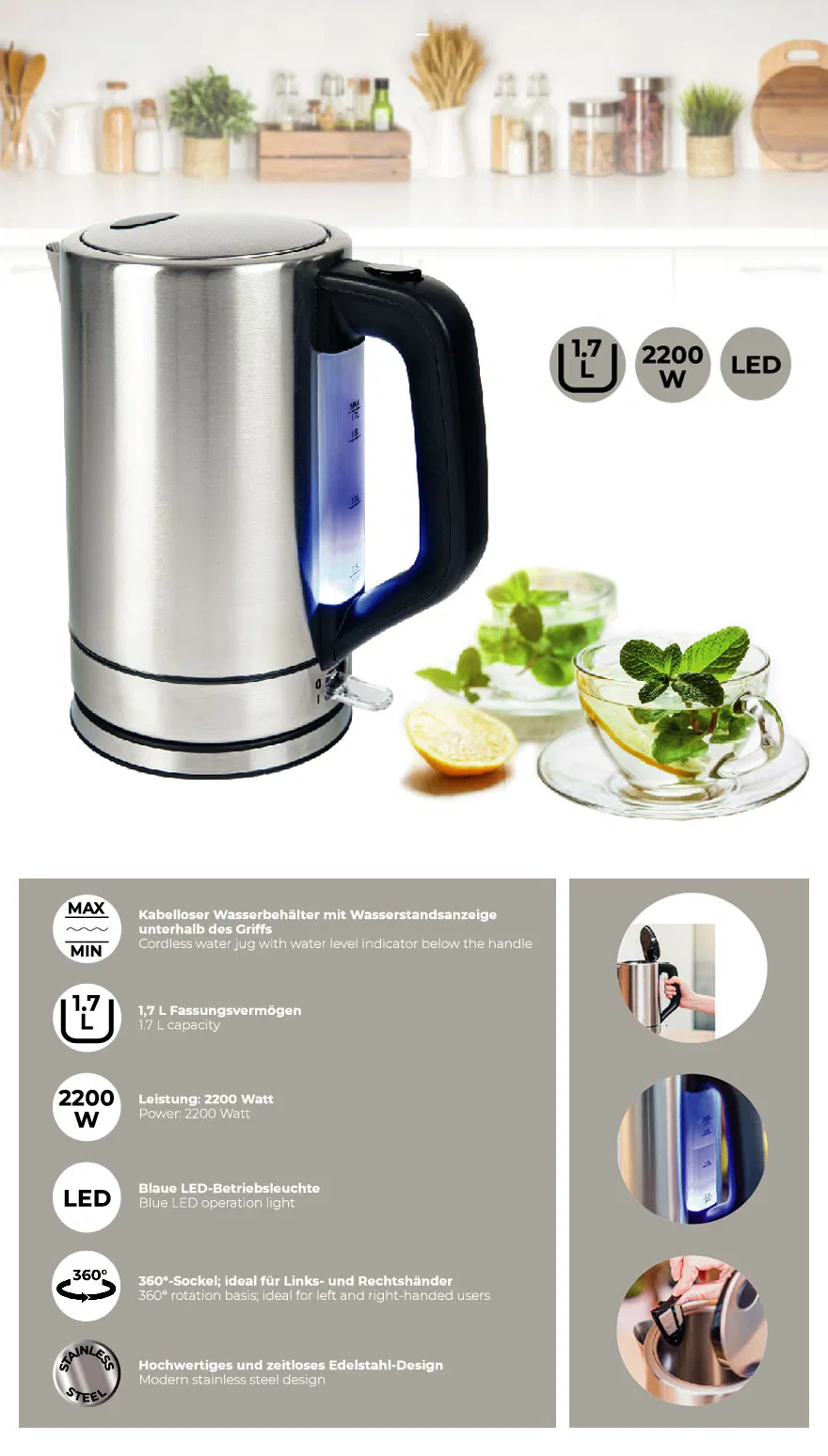 1.7L 2200W OEM Brush 304 Stainless Steel Water Boiling Cordless Electric Kettle