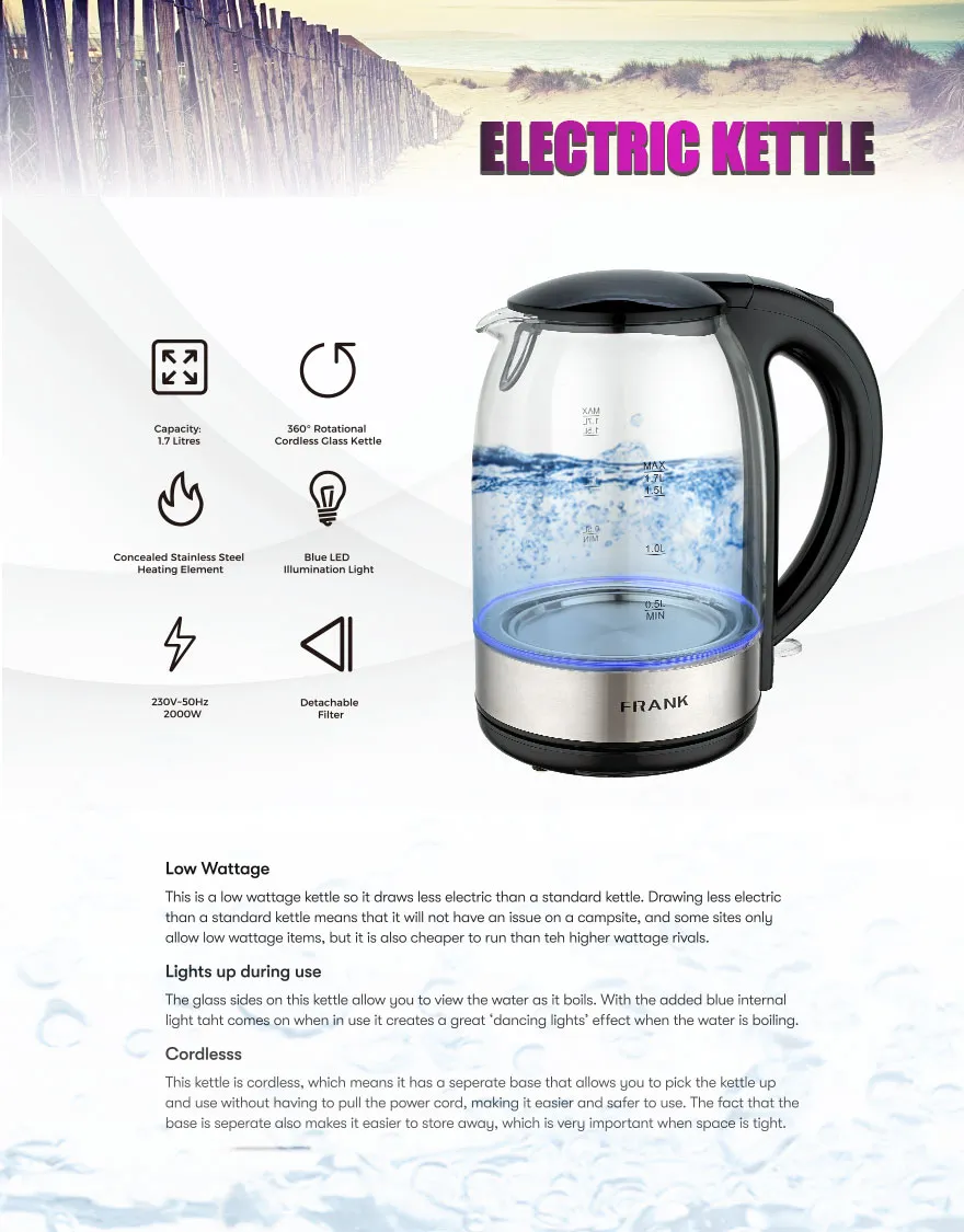 1.7L 360 Degree Cordless Base Electric Glass Kettle