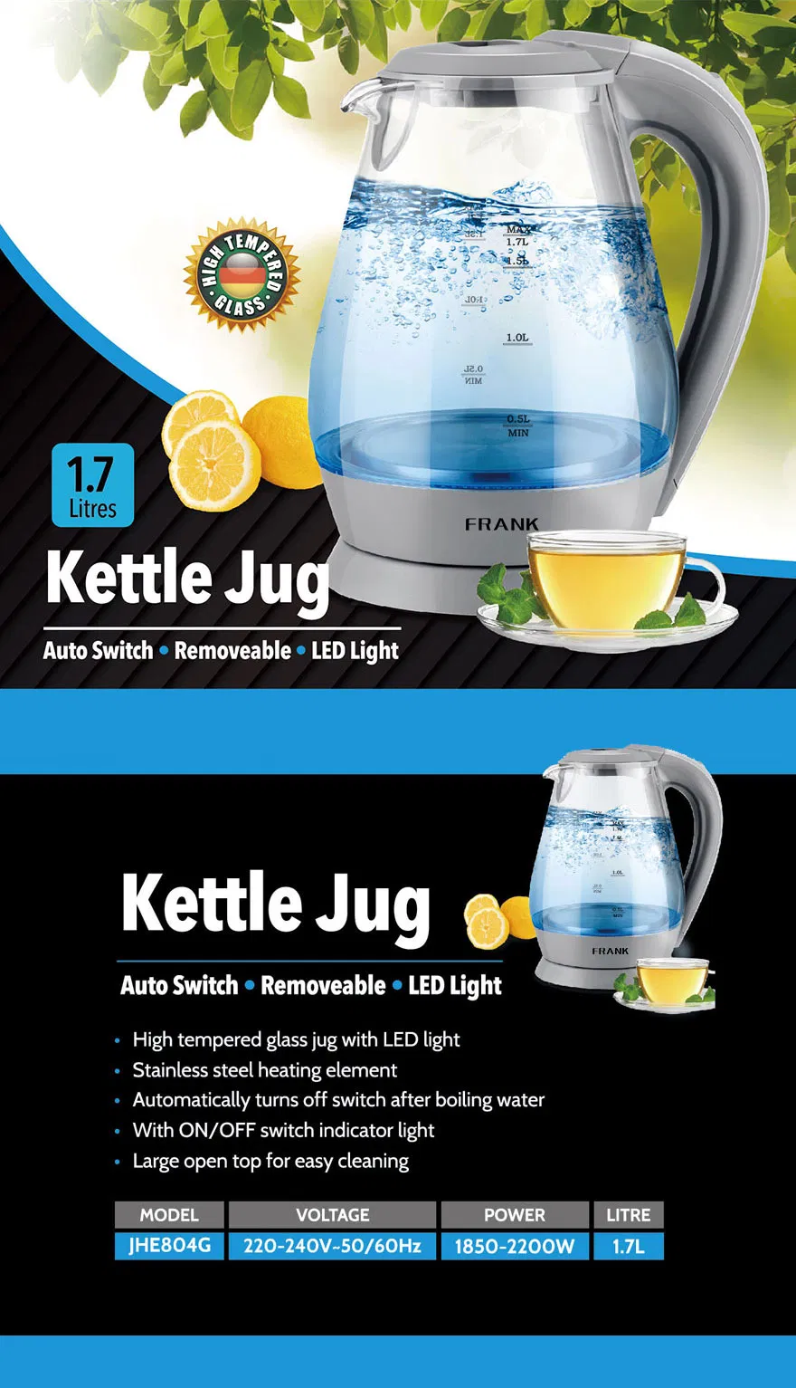 1.7L China Factory Cheap Glass Kettle with GS CB