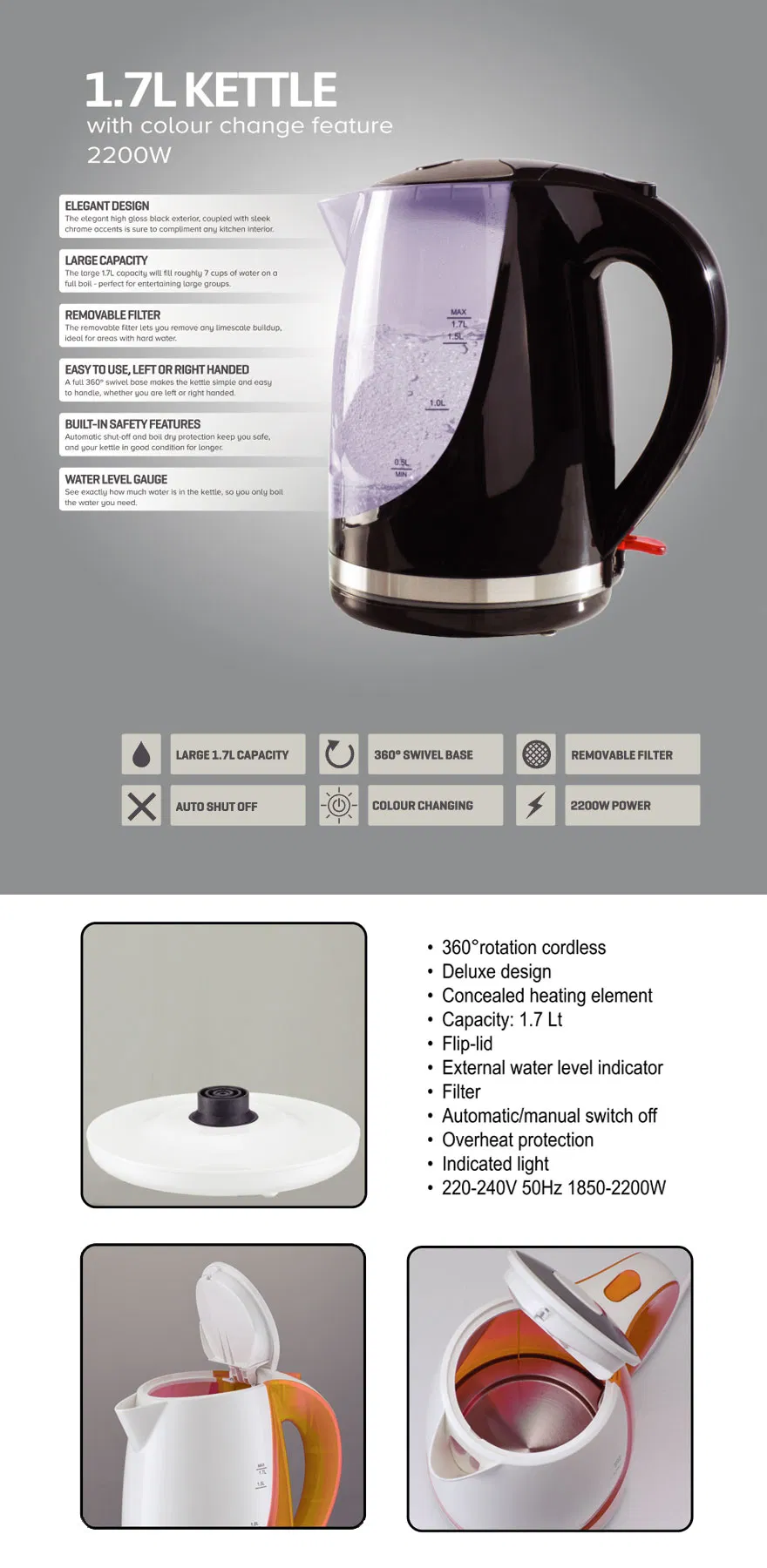 1.7L Double Injection 2200W Home Appliance Electric Kettle