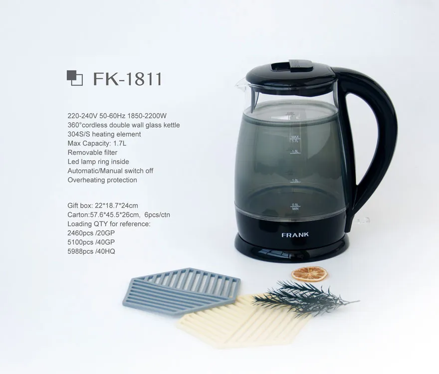 1.7L Double Wall Electric Glass Kettle with LED Lamp Ring