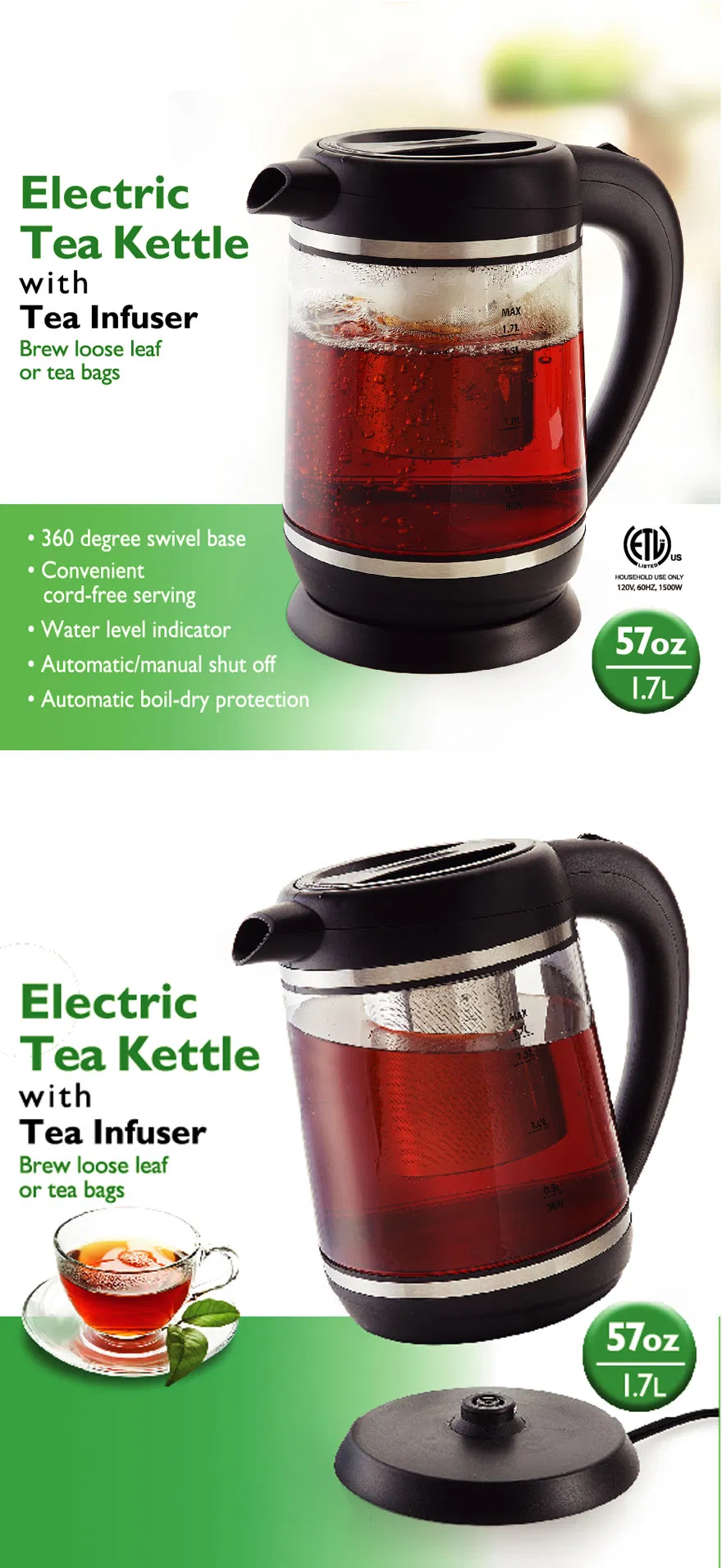 1.7L Electric Glass Tea Kettle Tea Maker for Home