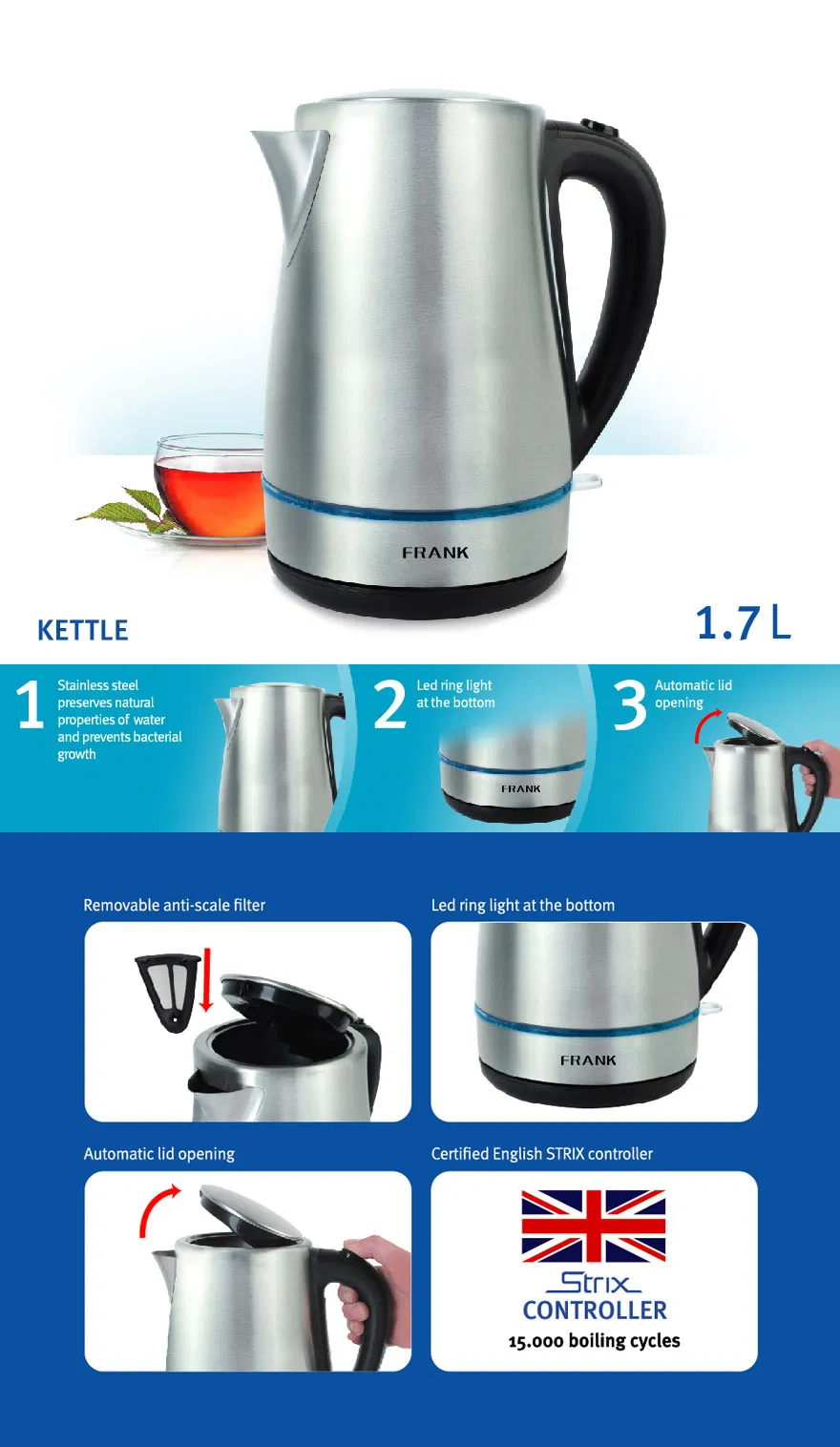 1.7L Fast Boiling 304 Stainless Steel Electric Kettle with Red Color Spray