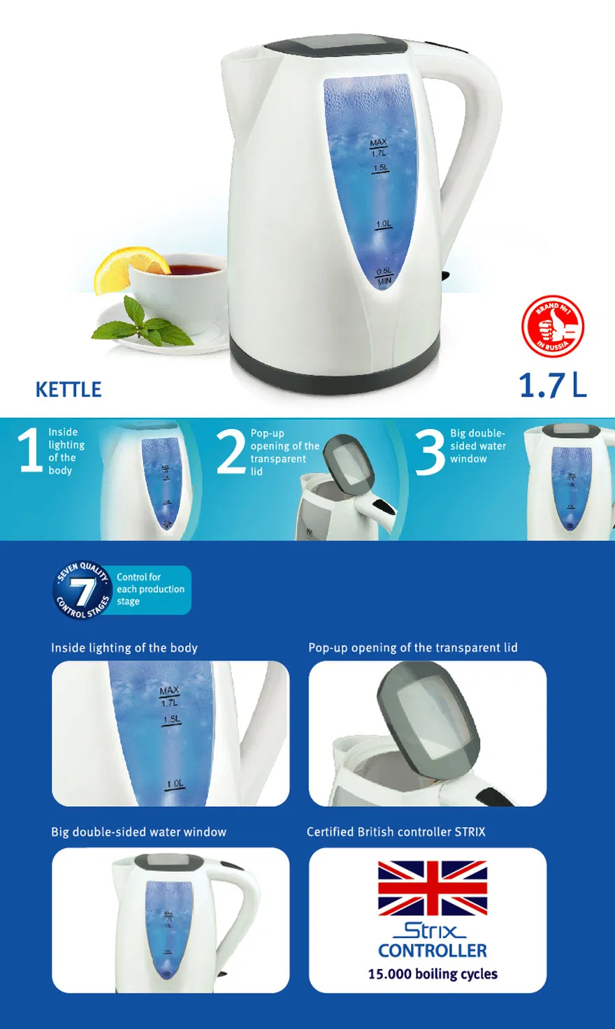 1.7L Food Grade Plastic Kettle with Double Golden Temperature Control