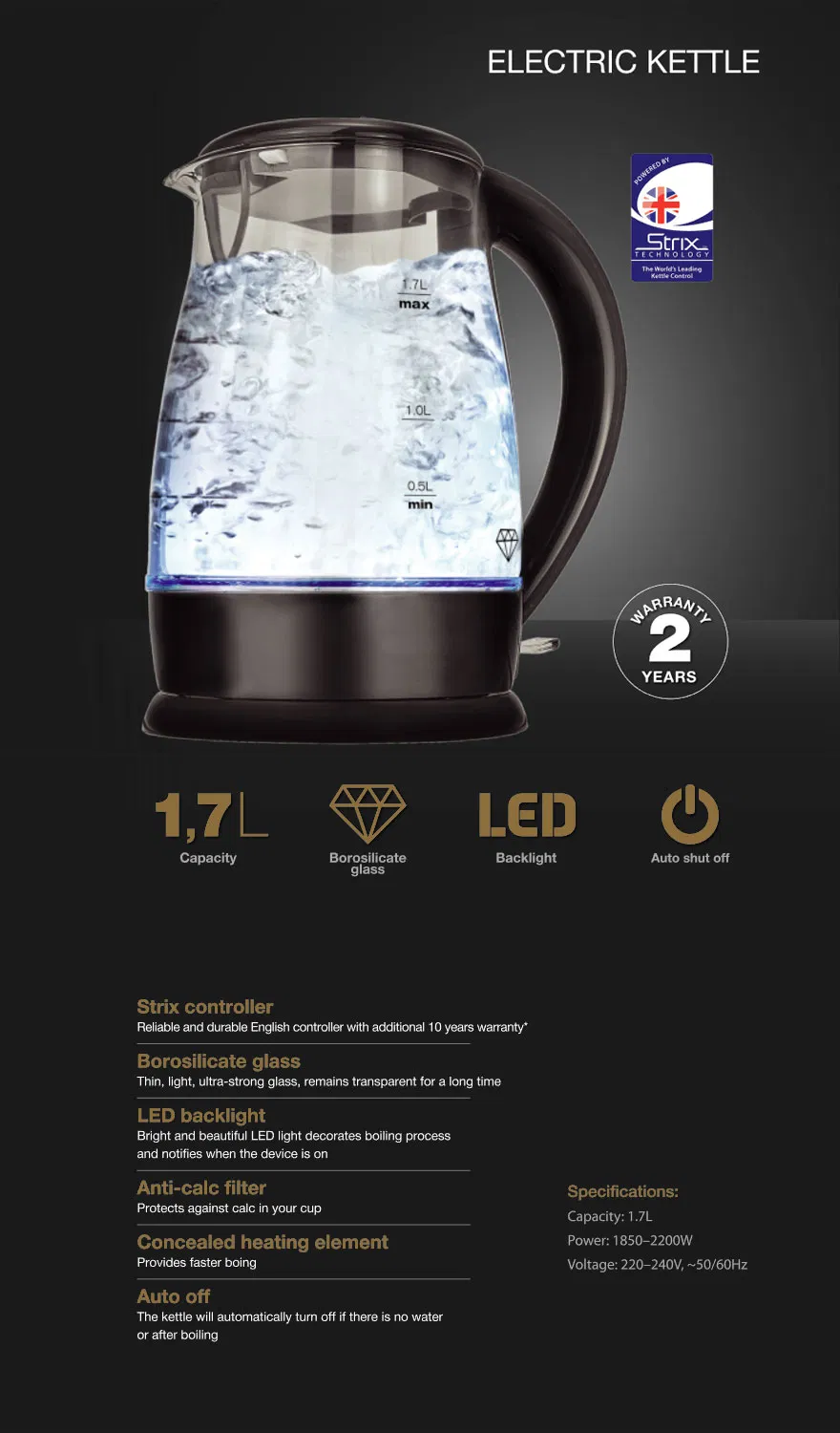 1.7L Glass Electric Water Kettle