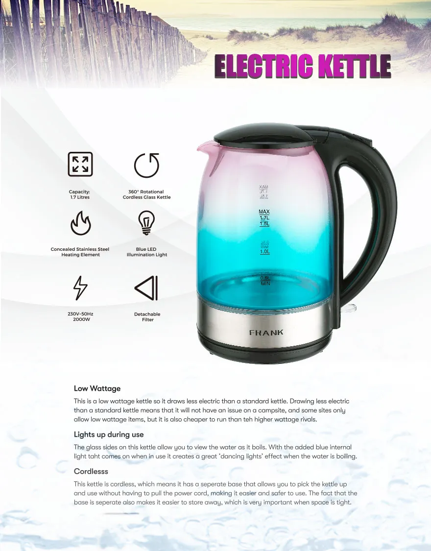 1.7L Glass Kettle Color Coating for Home and Office