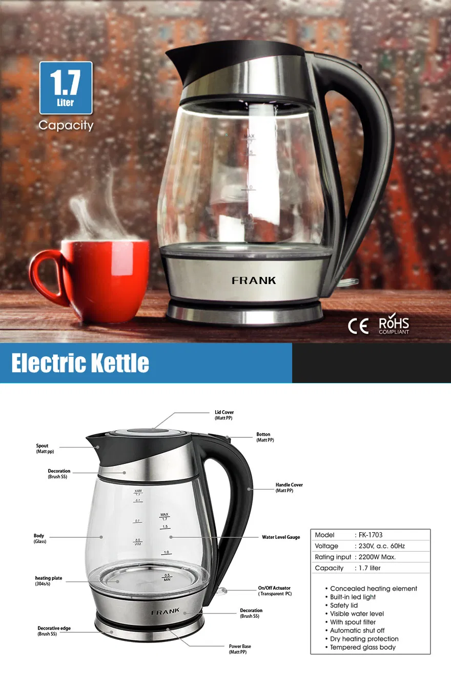 1.7L High Quality 360 Cordless Electric Glass Kettle