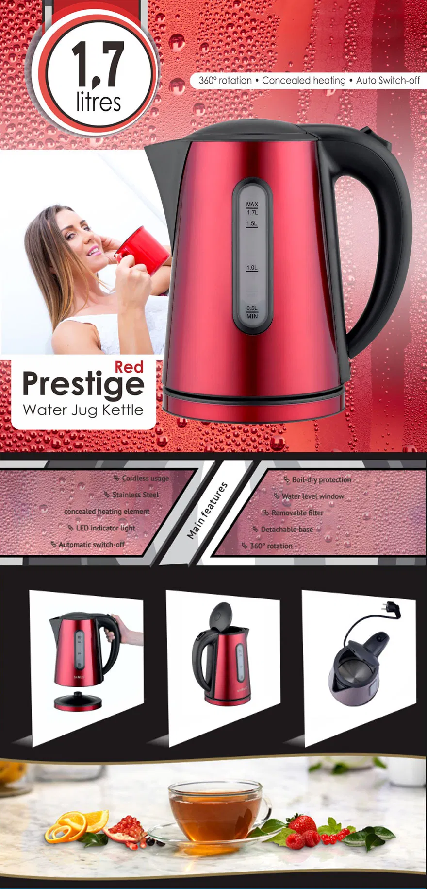 1.7L Plastic Kettle with Stainless Steel Decoration