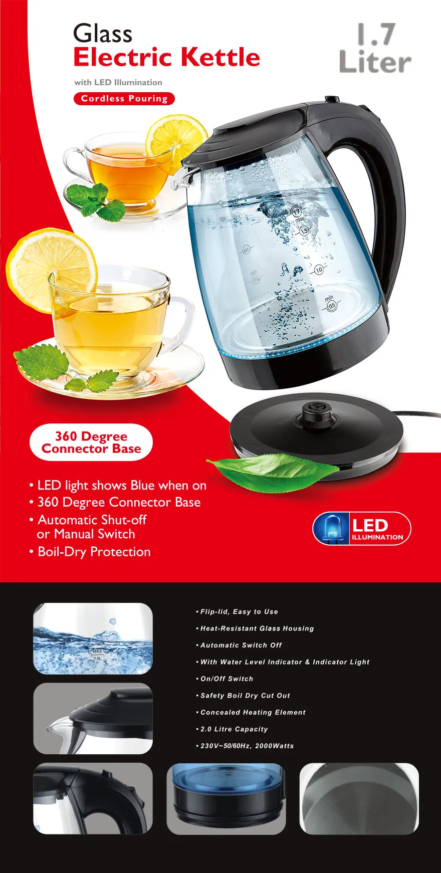 1.8L 1800W Electric Glass Water Kettle with Stainless Steel Heating Element