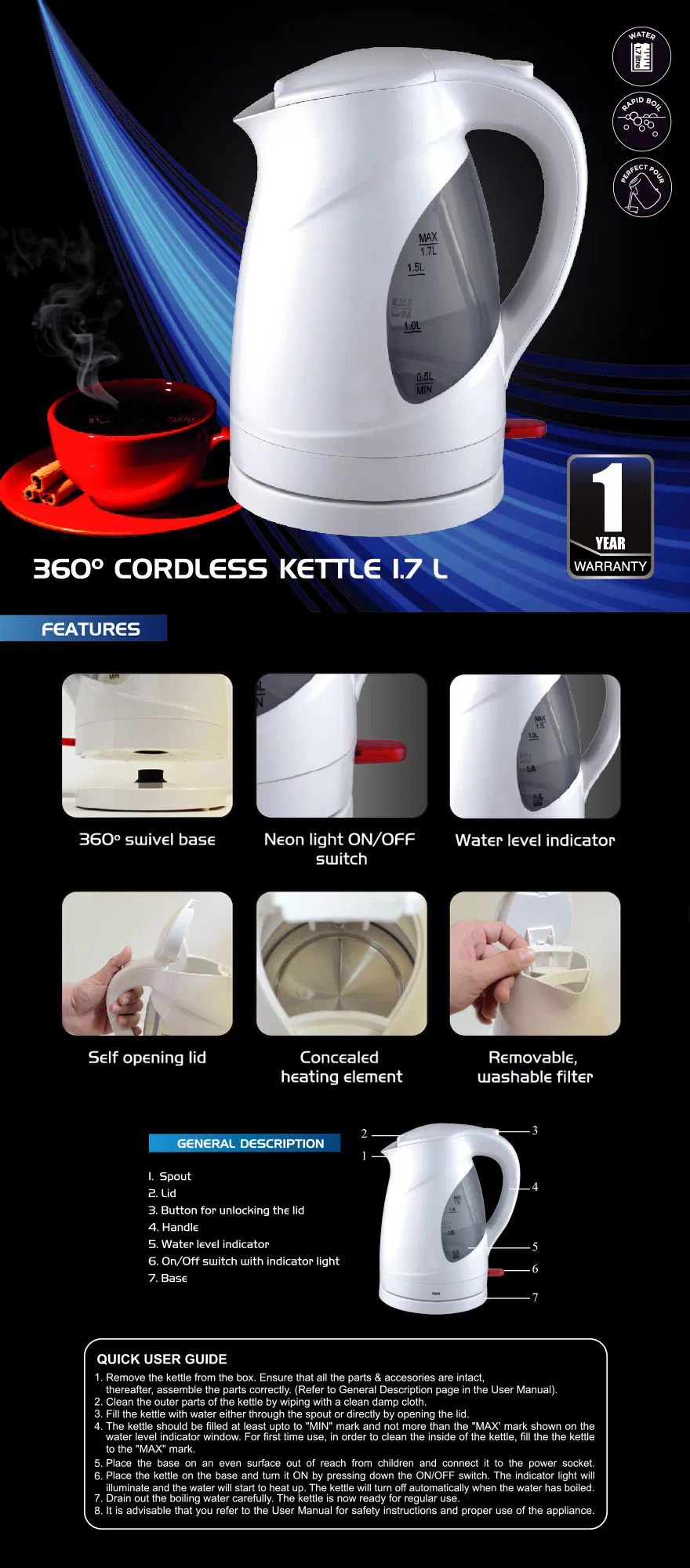 1.8L Plastic Water Kettle Variable Temperature Control Electric Kettle