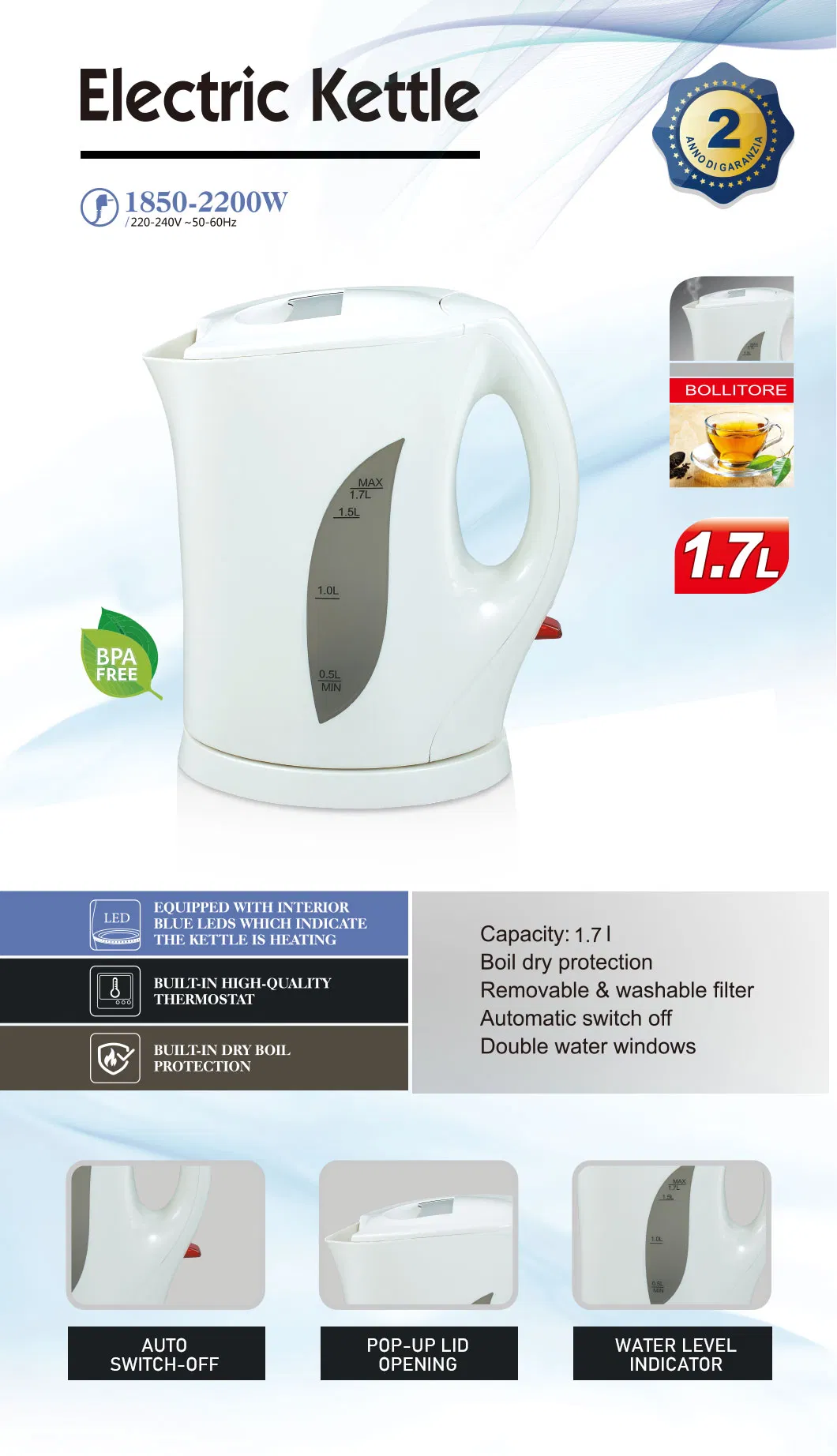 1 Liter Plastic Temperature Control Portable Electric Kettle for Hotel/Household