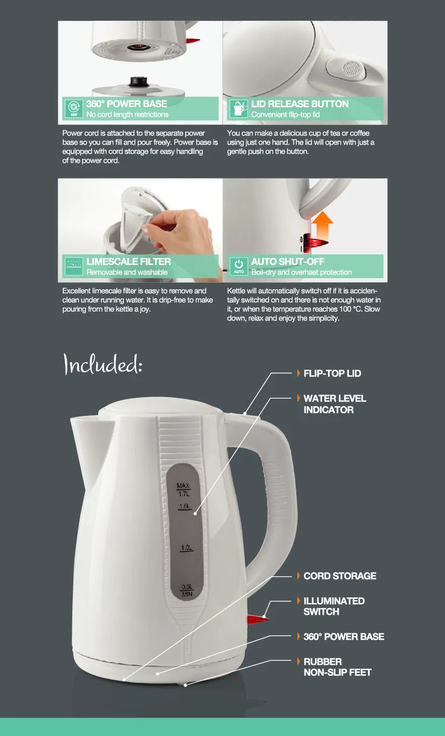 2200W 1.7L BPA Free Electric Tea Kettle for Home Use