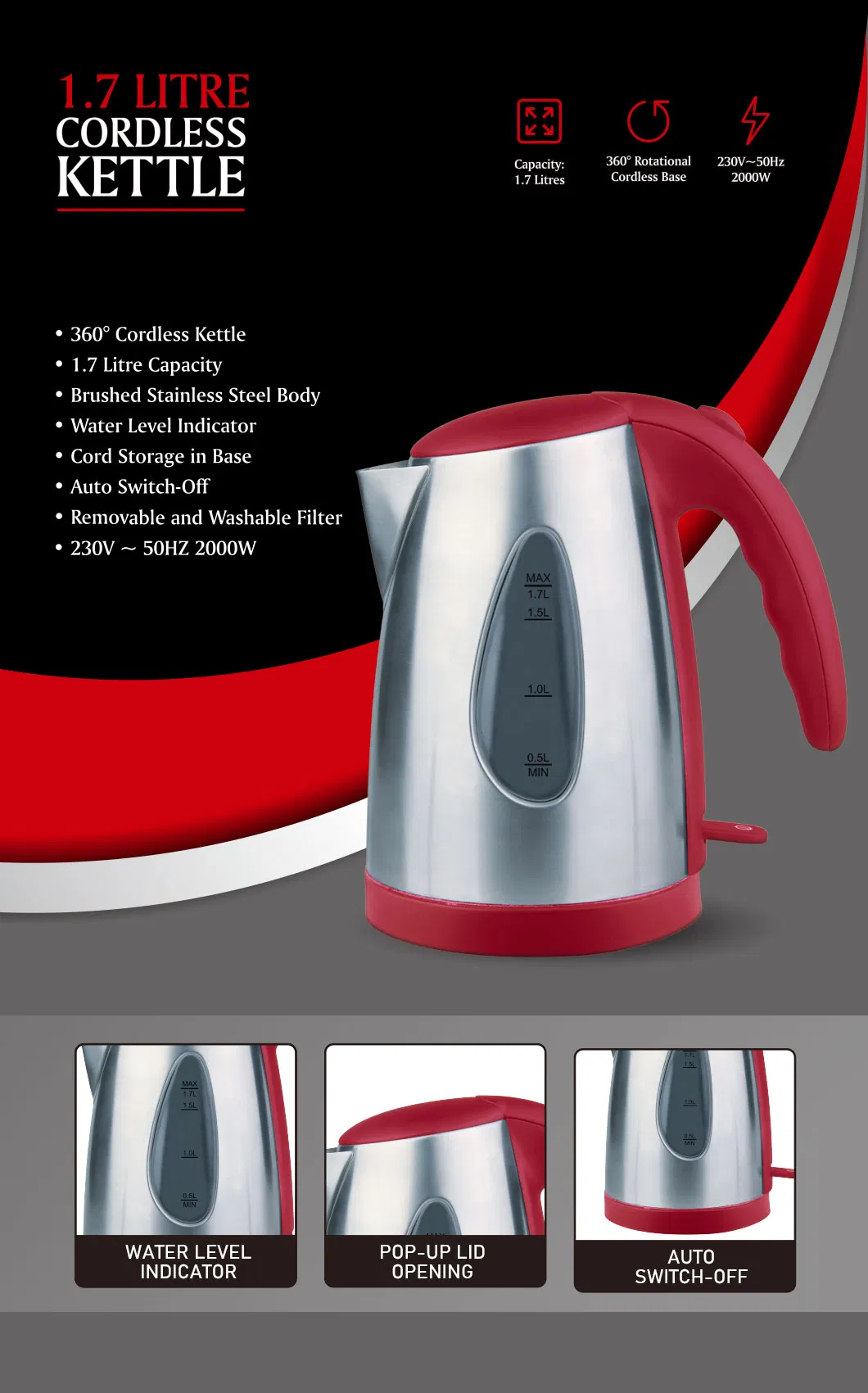 304 Stainless Steel Electric Kettle with Open Handle