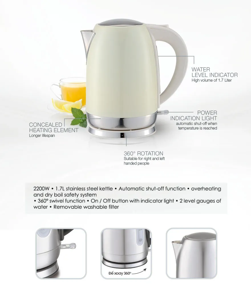 304s/S Color Coating 1.7L 2200W Food Grade Electric Kettle