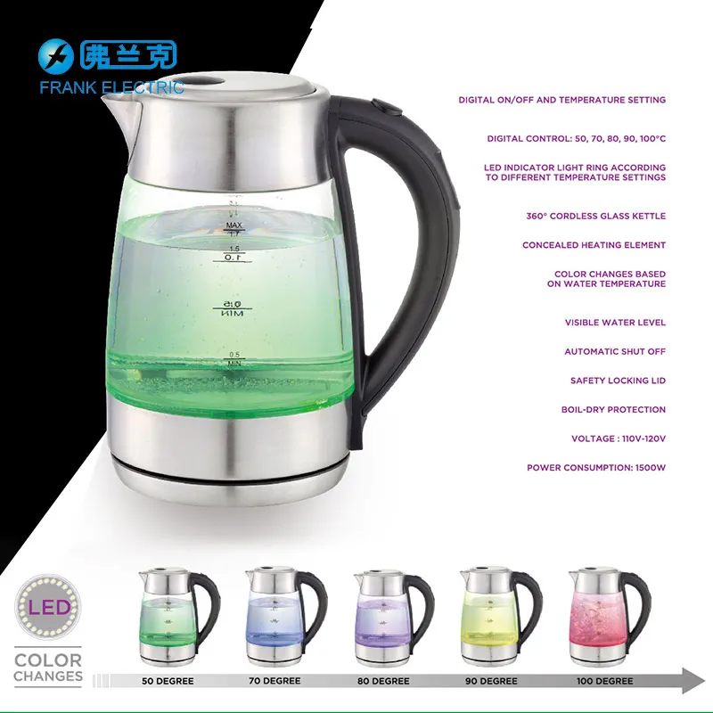 Chinese Manufacturer 1.7L High Quality Digital Glass Kettle with 5 Color LED Inside