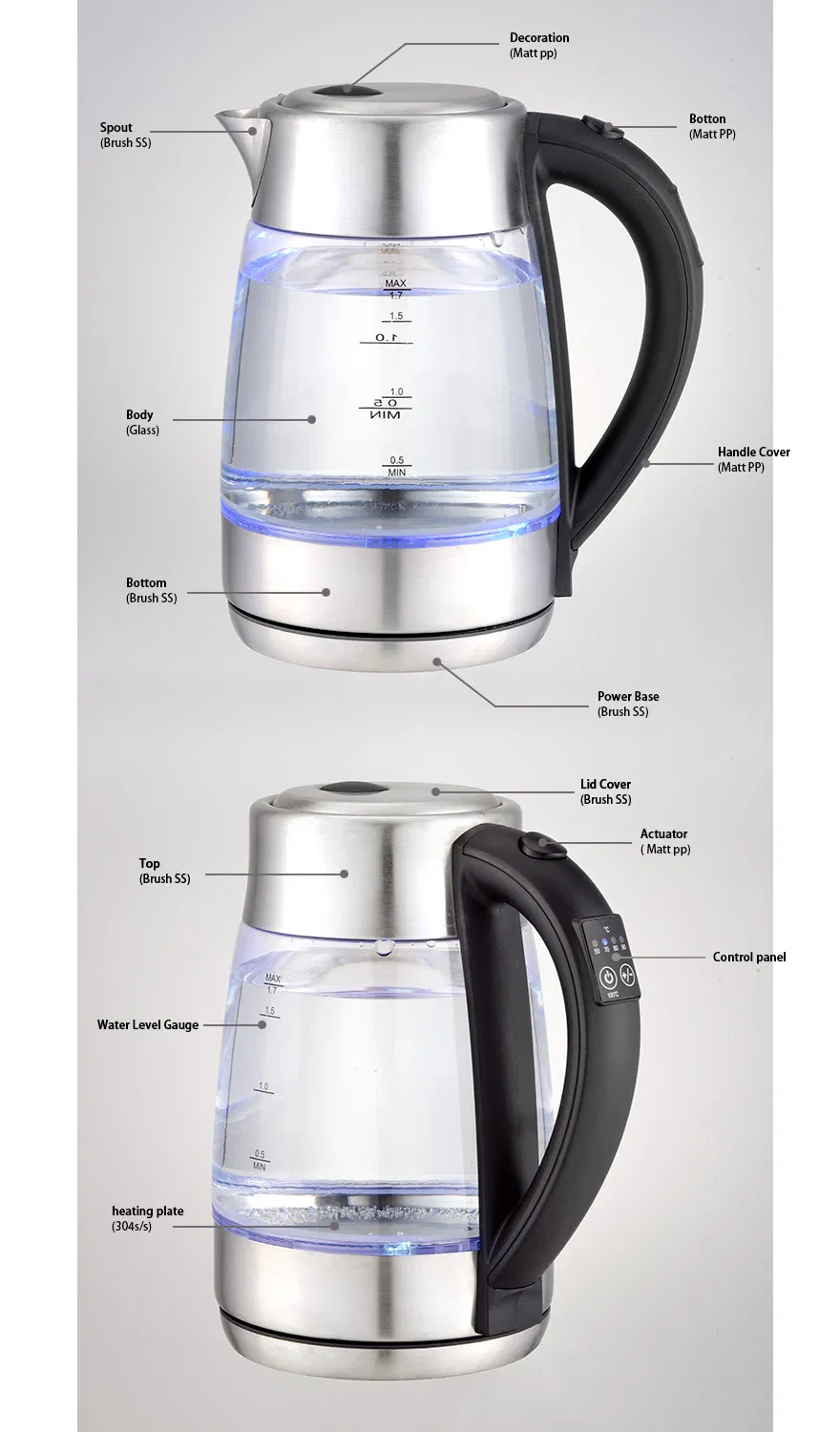 Chinese Manufacturer 1.7L High Quality Digital Glass Kettle with 5 Color LED Inside