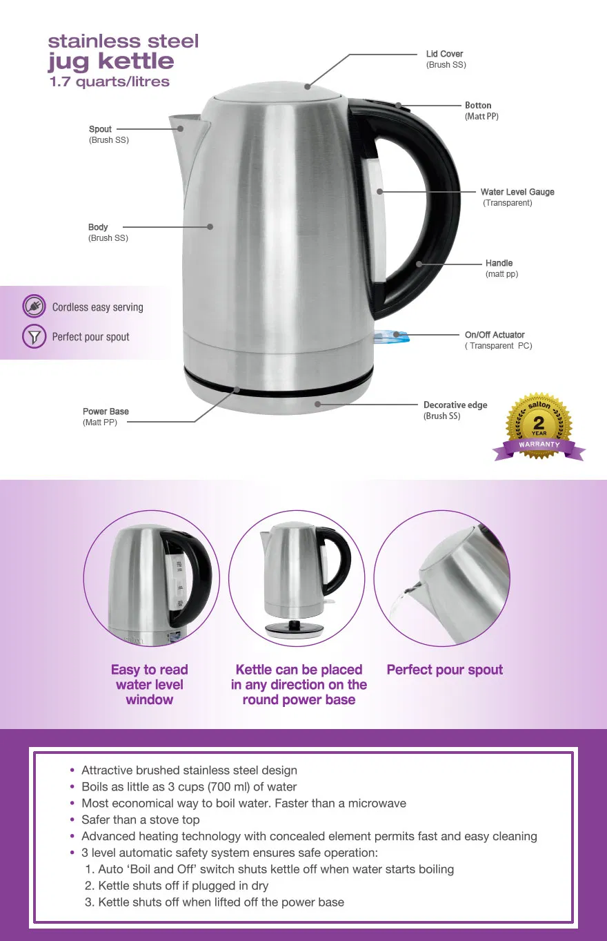 Classic 1.7L 304stainless Steel 2200W Fast Boiling Electric Kettle