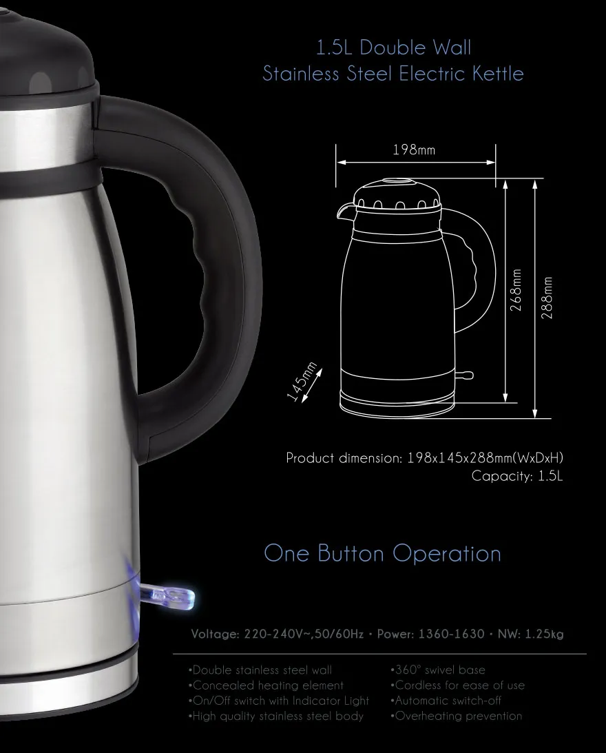 Double Stainless Steel Wall Cool Touch Keep Warm Electric Kettle