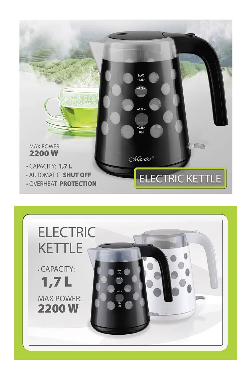 Kitchen Appliance 1.7 L Double Injection Plastic Electric Kettle with Food Grade PP