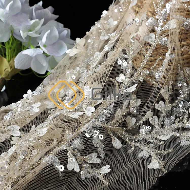 Elegant Crystal Beads Embroidery Lace Factory OEM Fabrics with Pearls for Wedding Dresses