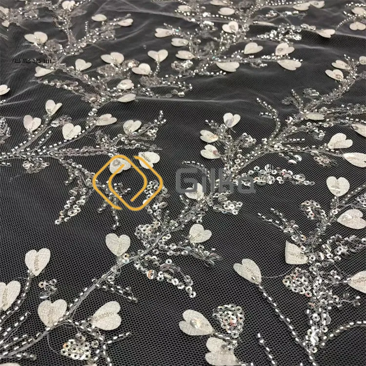 Elegant Crystal Beads Embroidery Lace Factory OEM Fabrics with Pearls for Wedding Dresses