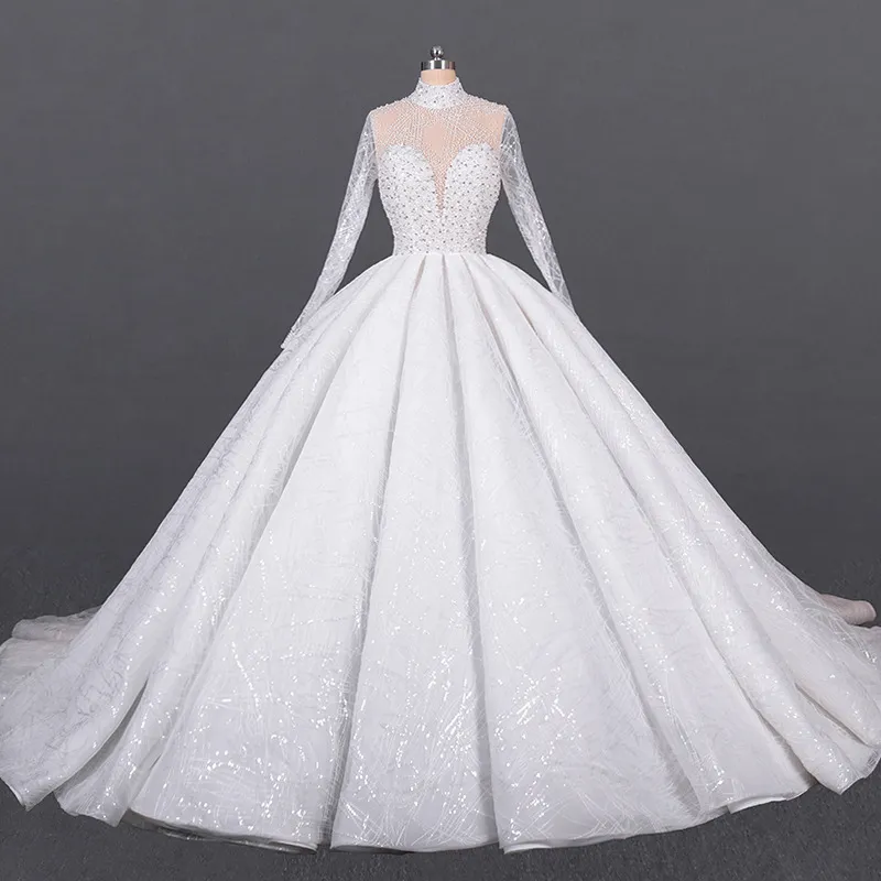 Elegant High Neck Lace Applique Beading Long Sleeves Wedding Dress for Bridal