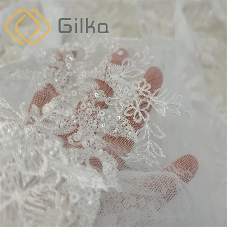 Elegant White Luxury High Quality Beads Embroidery Lace Fabrics for Bridal Dresses