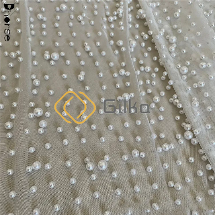 Factory Designed Luxury Beads Embroidery Lace Fabrics with Different Pearls for Wedding Dresses