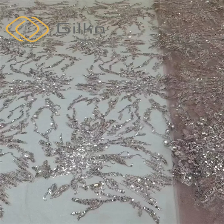 French Lace Designer Fabric Sequins Beads Bridal Embroidery Lace Fabric for Evening Dresses Wedding Dresses