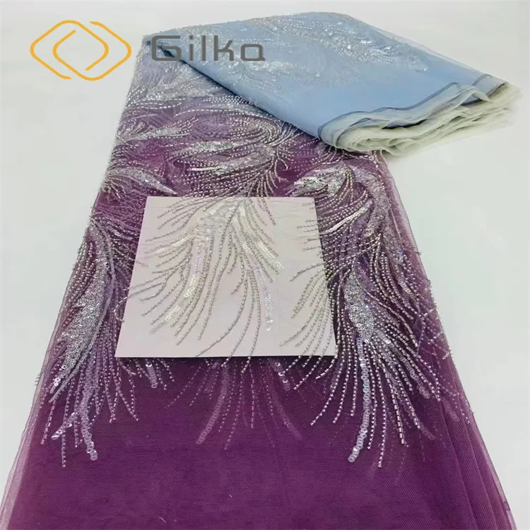 Gradient Colors Beads Lace Embroidery Tulle Lace Fabrics Fashionable Cloth for Wedding Dresses