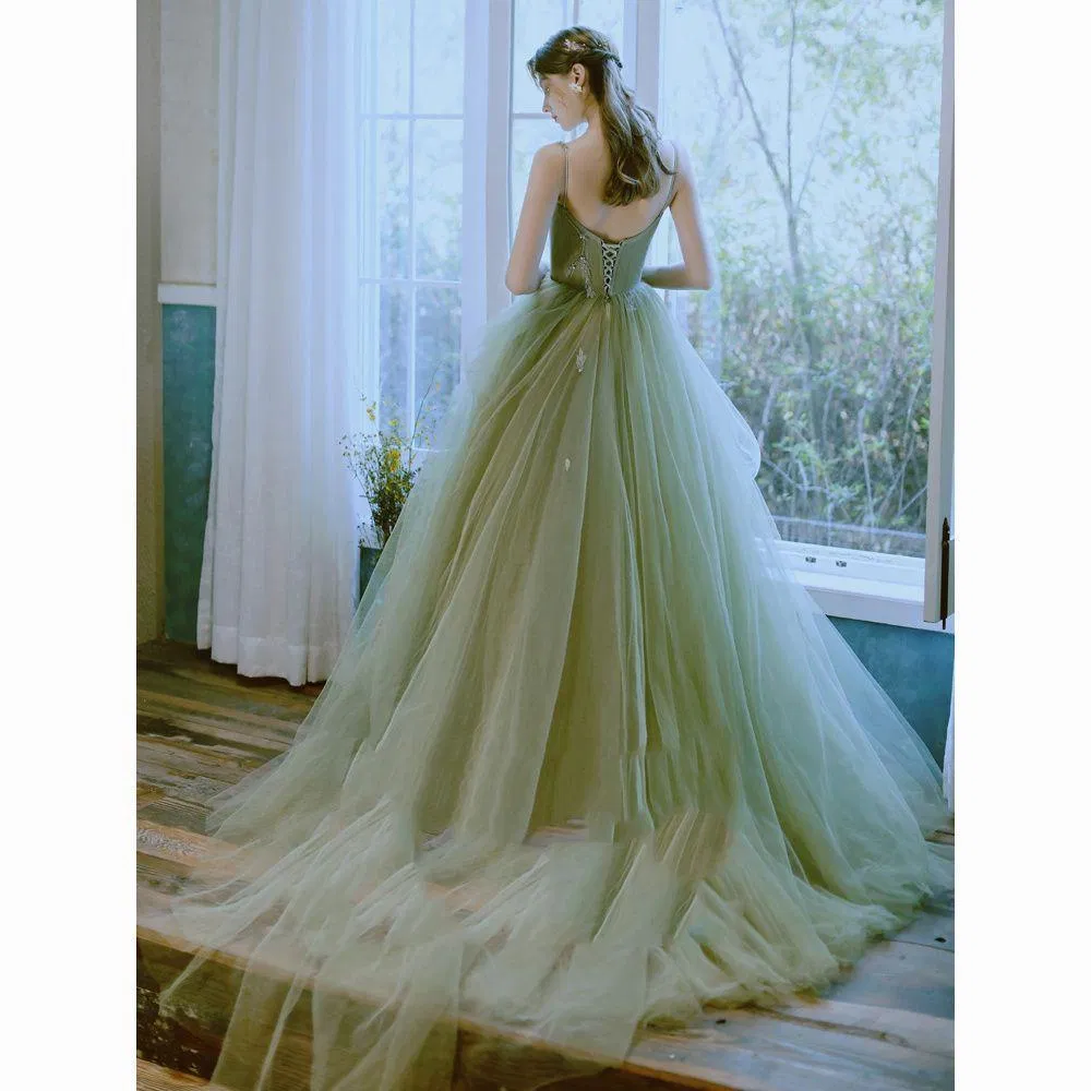 Green Color Spaghetti Strap Organza A-Line Party Dress for Wedding