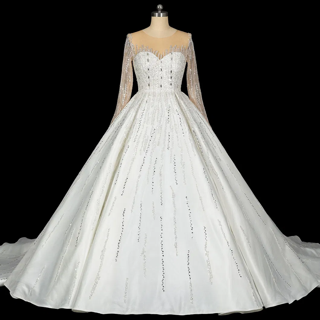 Hollow Back Long Sleeves Handmade Beading Wedding Dress with Train