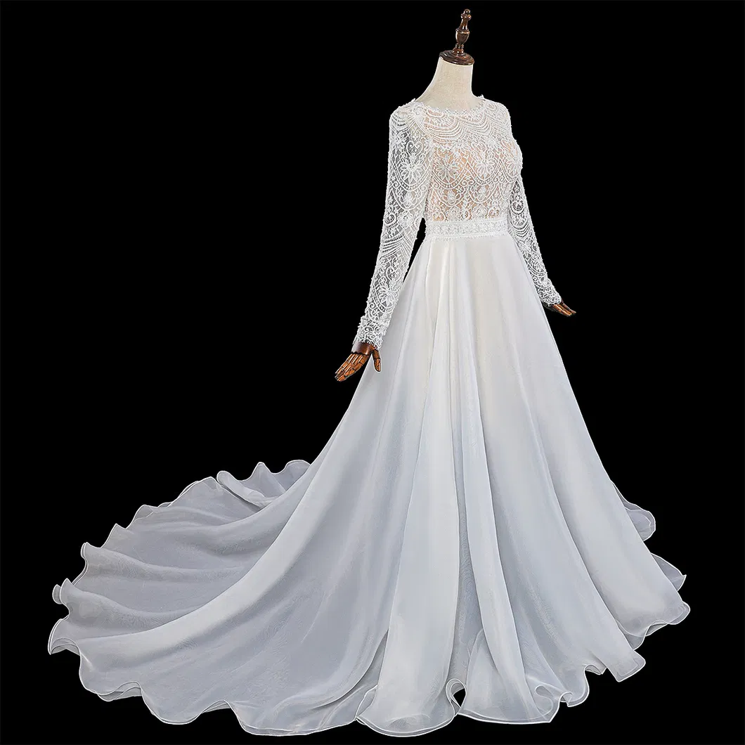 Ivory Lace Sleeves A-Line Organza Wedding Dress for Bridal