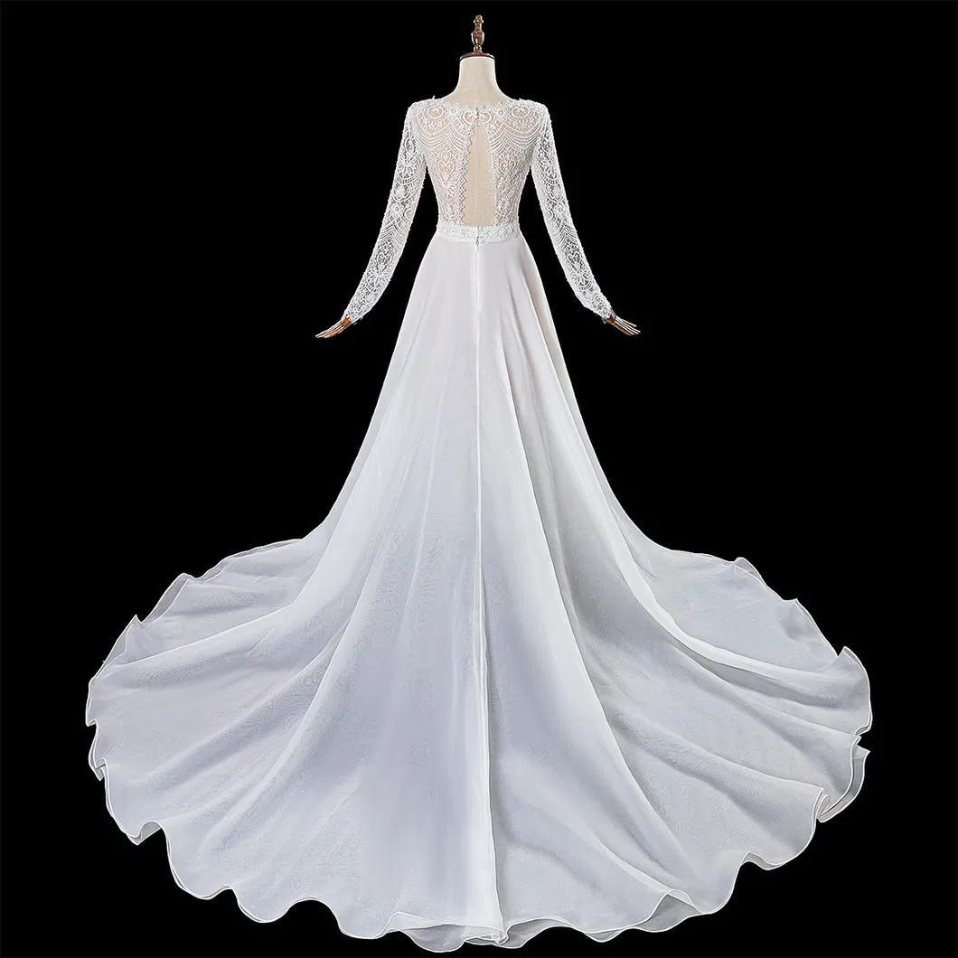 Ivory Lace Sleeves A-Line Organza Wedding Dress for Bridal