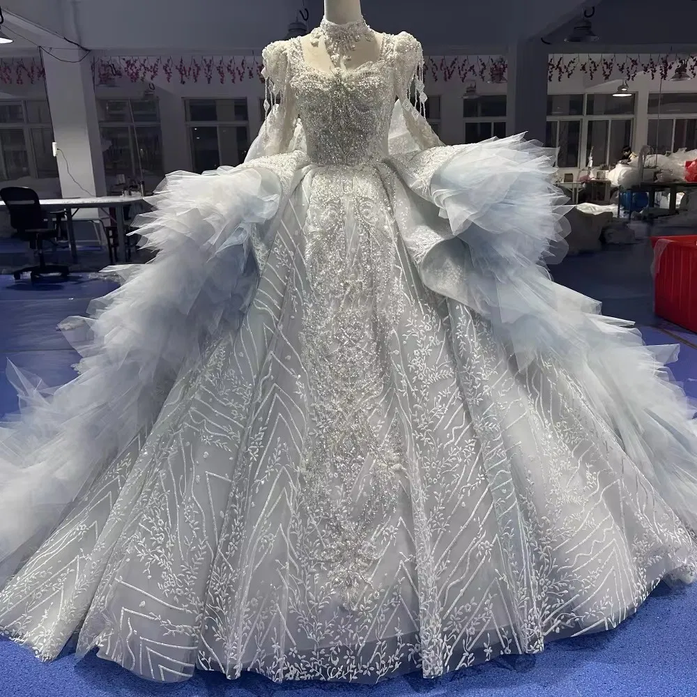 Luxury Heavy Beading Organza Women′s Wedding Ball Gown Dresses with Chapel Train