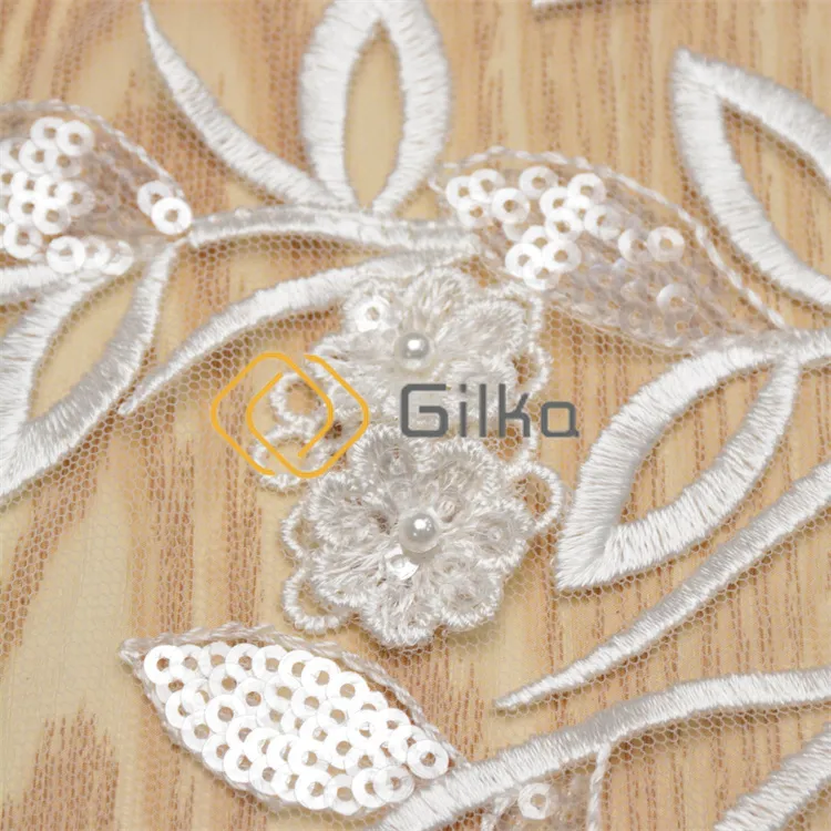 White Shinny Sequin Embroidery Bridal Applique Lace Fabric for Wedding Dresses