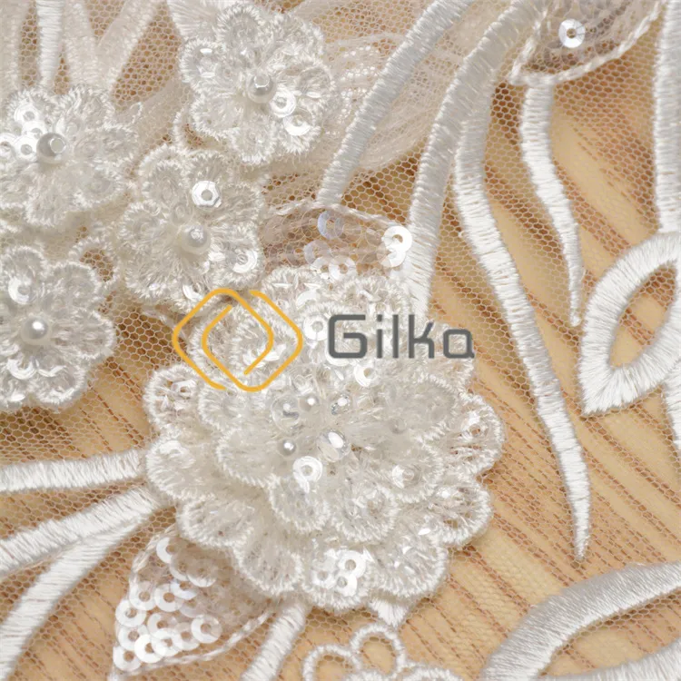 White Shinny Sequin Embroidery Bridal Applique Lace Fabric for Wedding Dresses