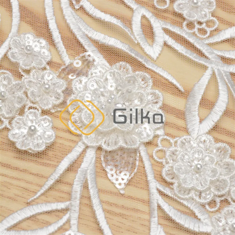 White Shinny Sequin Embroidery Bridal Applique Lace Fabric for Wedding Dresses