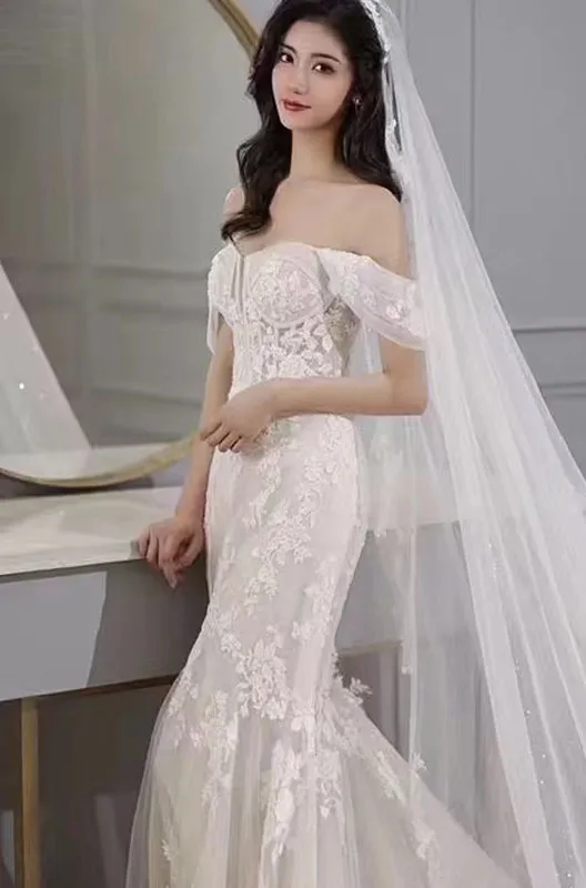 off-Shoulder Mermaid Tail Lace Tulle Cap Sleeves Wedding Dress for Bridal