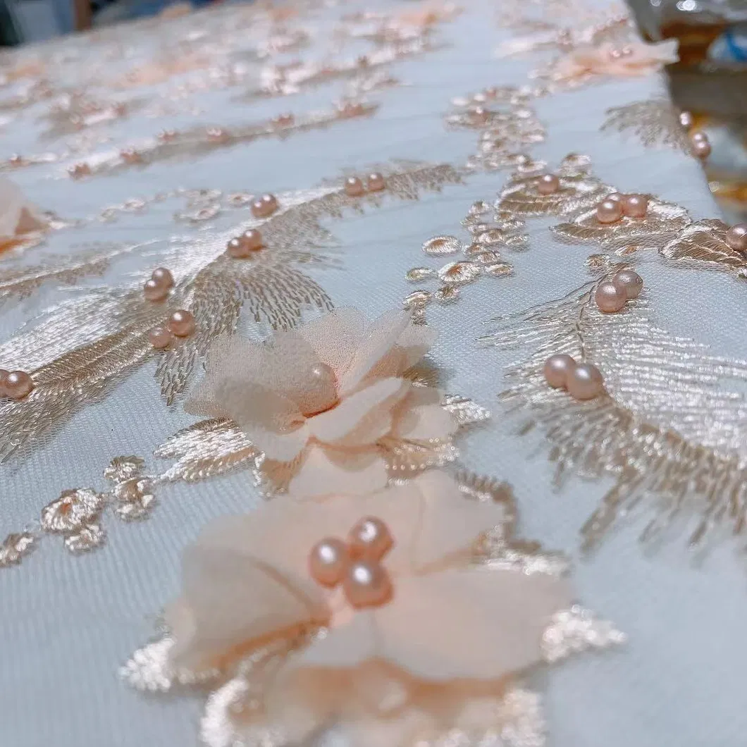 3D Flower Embroidery Blush Pink Lace Fabrics with Rinestone for Couture Dresses and Quinceanera