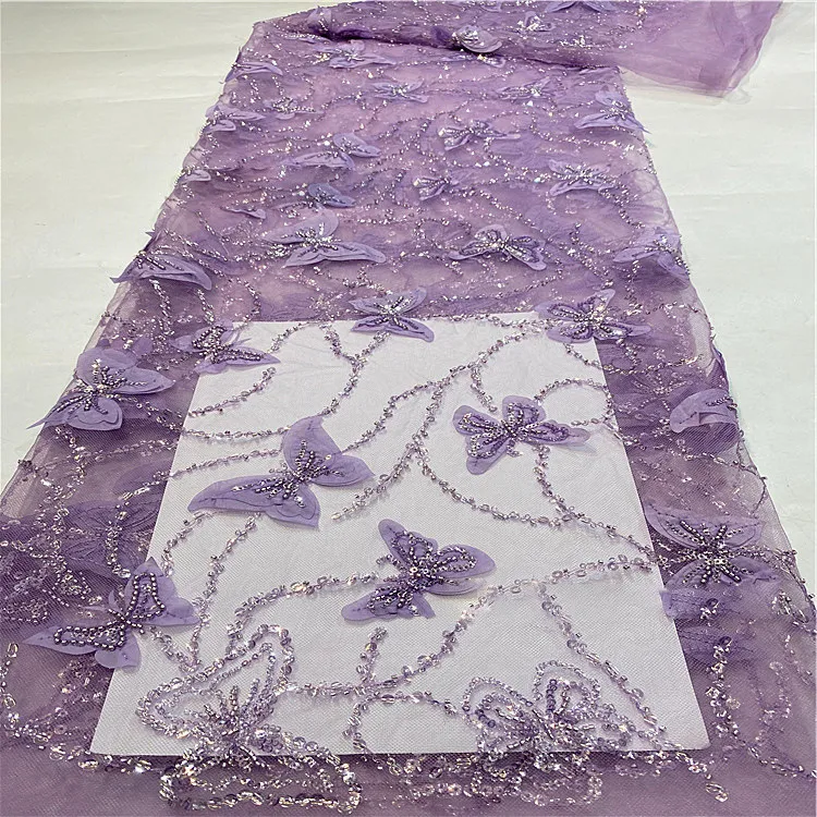 Butterfly Design Mesh Fabric Bead Tube 3D Embroidered Polyester Lace Fabric