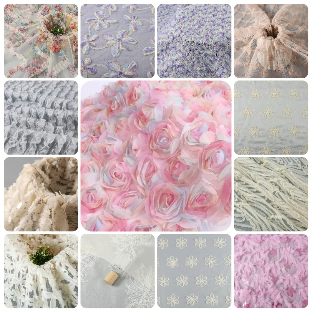 Colorful 3D Rose Ribbon Embroidered Mesh Fabric for Fashion Home Textile